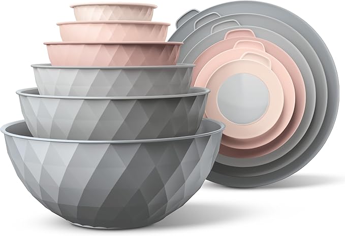 COOK WITH COLOR Mixing Bowls with Lids - 12 Piece Plastic Nesting Bowls Set includes 6 Prep Bowls and 6 Lids, Microwave Safe Mixing Bowl Set, Grey/Pink Diamond by CookwithColor