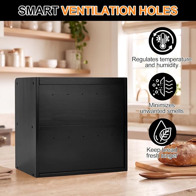 Alpeir Wooden Bread Box for Kitchen Countertop, Large Double Layer, Black | Food-Safe Pine Wood, Double-Row Ventilation, Strong Acrylic Window, Raised Top Shelf, Easy Care, Farmhouse Corner Container - Image 5