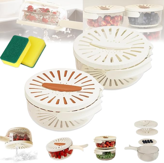 2026 New 2-in-1 Draining and Preservation Basket: Simplify Washing & Storing, Multifunctional Fruit and Vegetable Washing Bowl, Drain & Freshness Basket with Foldable Handle, Strainer, Lid (MIX#B, S) by hwqsad