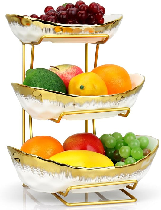 3 Tier Fruit Bowl for Kitchen Counter,Ceramic Fruit Basket with Metal Stand | Tiered Holder for Displaying Snacks, Vegetables, Nuts, Desserts, Bread, Candy Storage, Modern Countertop Organizer by Unknown