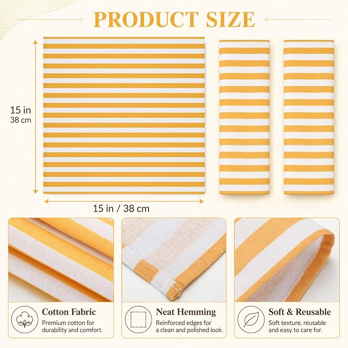 Funnymoom 12 Pcs Yellow Striped Cloth Napkins Reusable Napkins Party Dinner Soft Absorbent for Home Table Decoration Holiday Party Kitchen Supplies - Image 3