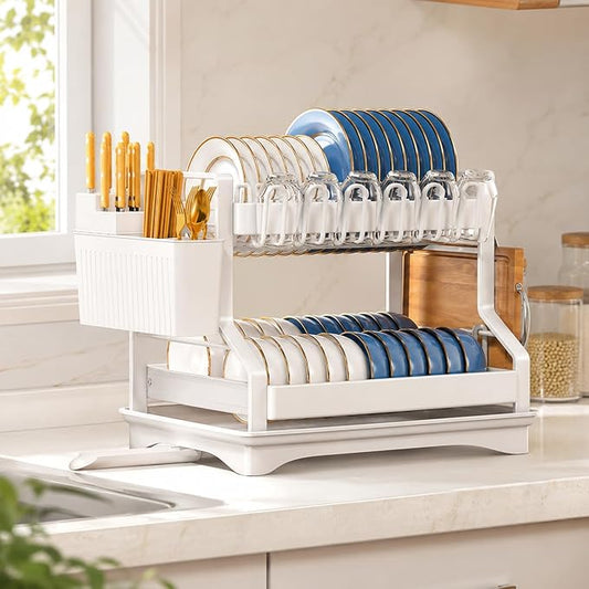 Fandian Dish Drying Rack 2 Tier White Dish Racks for Kitchen Counter and Sink, Large Dish Drying Rack with Drainboard & Utensil Holders Stainless Steel Dish Drainers Kitchen Organization and Storage by Fandian
