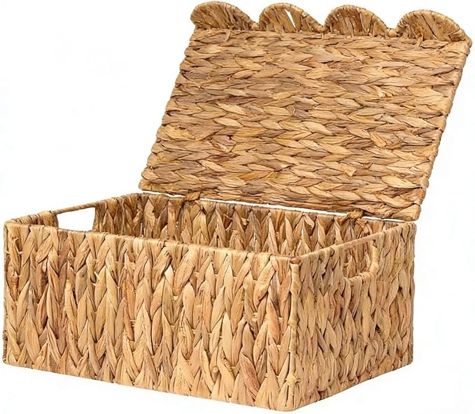 Wicker Basket with Scalloped Edge Lid, Water Hyacinth Storage Basket with Built-in Handles, Handwoven Wicker Box for Living Room, 15" L x 11 ¼" W x 7" H (Water Hyacinth) by AKAGI