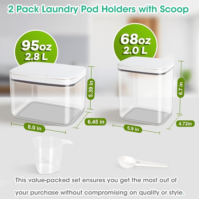 2 Pack Laundry Pods Container with One-Click Pop-up Lid 95 oz + 68 oz | Laundry Room Detergent Storage Containers for Laundry Powder, Scent Booster, Dryer Sheet, Dryer Ball, Dishwasher Pod Holder - Image 5