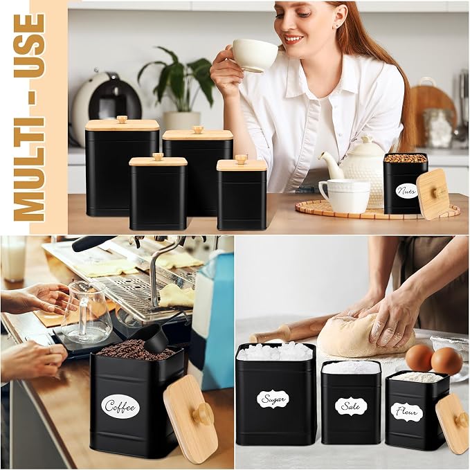 5 Pcs Black Kitchen Canisters for Countertop with Labels Airtight Metal Containers Coffee Tea Sugar Flour Jars with Spoon Farmhouse Big Food Storage Set for Kitchen - Image 5