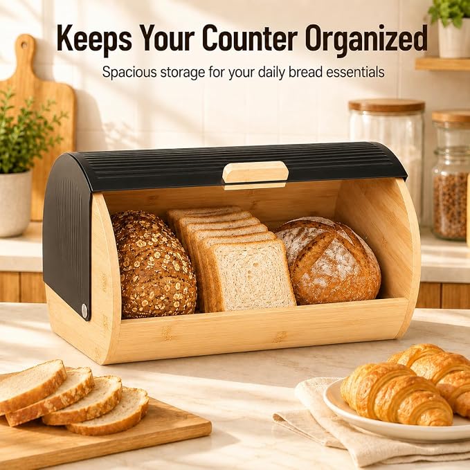 Bread Box for Kitchen Countertop, Large Bread Storage Container with Bamboo Base and Black Roll Top Lid, Modern Bread Holder for Loaves, Bagels, Pastries and More - Image 4