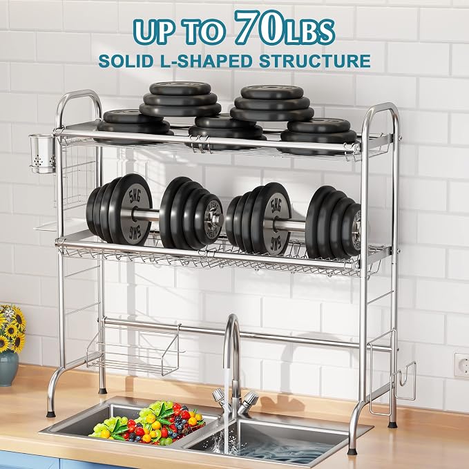 HOWDIA Stainless Steel 2-Tier Over The Sink Dish Drying Rack with Utensil Holder, Large, for Kitchen Counter | Stainless Steel, Cutlery Holder & Chopping Board Rack, for Kitchen Counter - Image 6