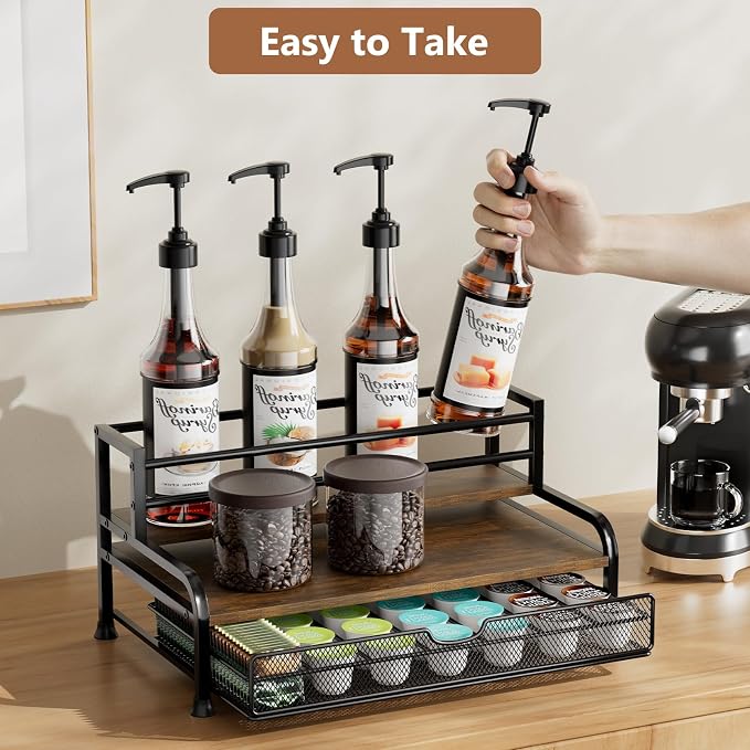 Coffee Syrup Rack Organizer, 3-Tier with 35 K-Cup Pod Holder Drawer | Black Metal Rack for 8 Syrup Bottles,Countertop Bottle Holder Stand for Wine,Space-Saving Design for Kitchen Cafe Station - Image 4
