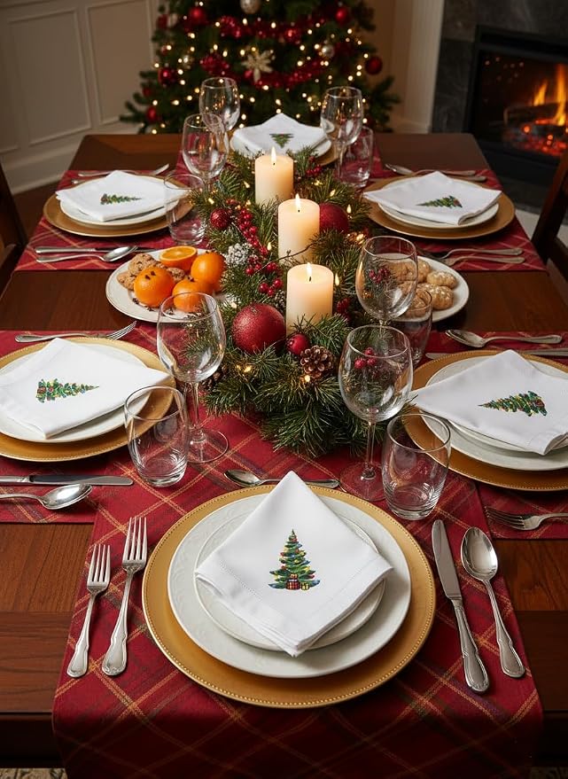 – Embroidered Cloth Napkin Christmas Tree Cotton Napkins Set of 6, 20 x 20”, Hemstitch Table Napkins, Machine Washable, Daily & Holidays, Great Gift Ideas - Image 7