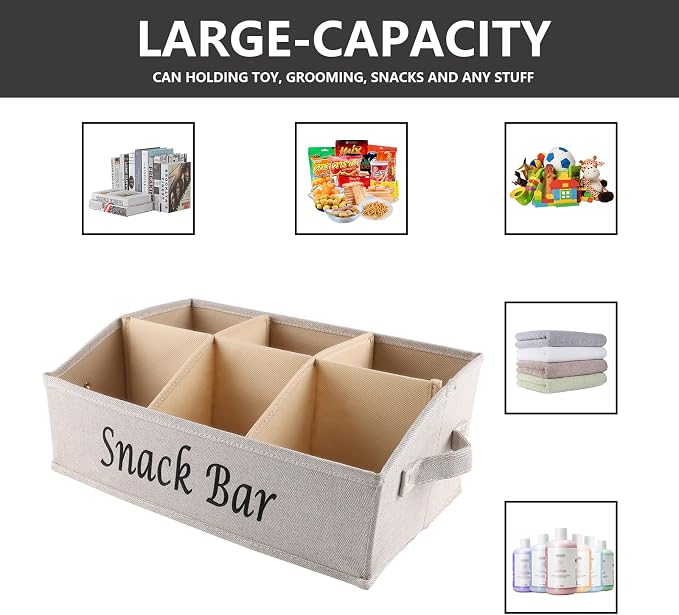 Snack Organizer for Countertop, Fabric Snack Organizer with Handles, 6 Compartment Snack Box Container Snack Basket, Snack Bar Station, Kitchen Pantry Organization and Storage - Khaki - Image 6