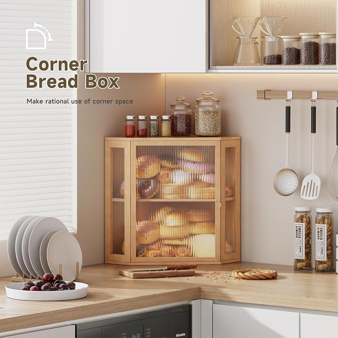 Corner Bread Box for Kitchen Countertop,Bread Storage(Natural, Extra Large) | Double Layer Large Capacity Bamboo Bread Container Bin with Acrylic Door,Height Adjustable - Image 3
