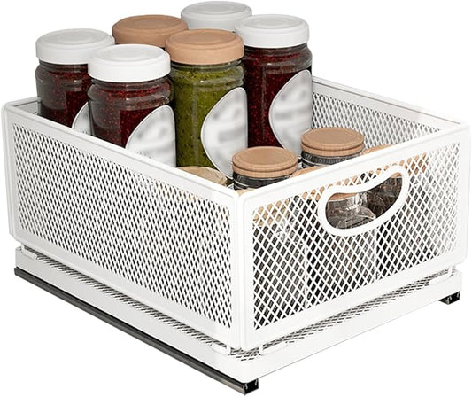 Sliding Cabinet Basket Organizer Drawer Self Adhesive Slide out Pantry Shelves Heavy Duty Carbon Steel Slide Cabinet Storage Basket with Handle for Bathroom Kitchen Home by ULIKEUS