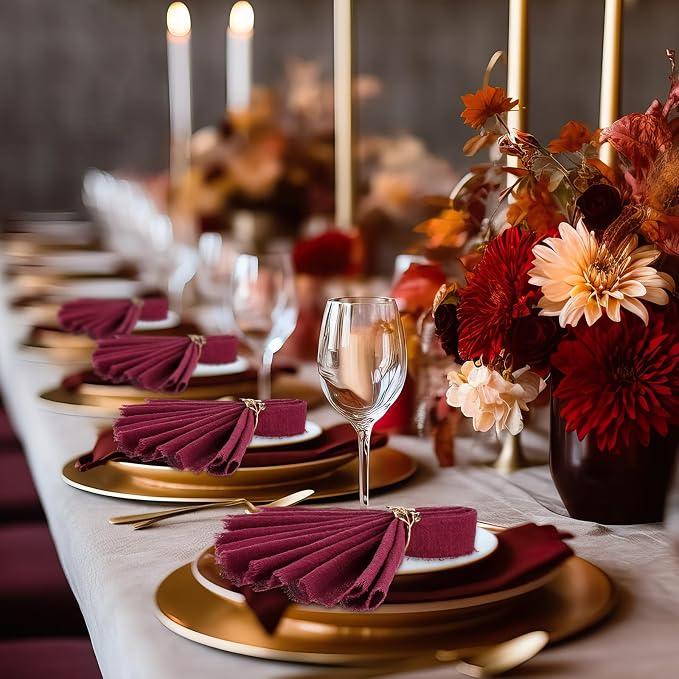 48 Pcs Cotton Linen Cloth Napkins with Fringe 16.5 x 16.5 Inch Square Rustic Dinner Linen Napkins Bulk for Wedding Party Banquet Dinner (Wine Red) - Image 6
