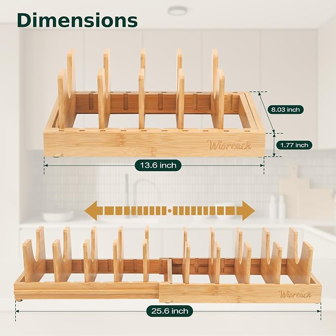 Wisreach Bamboo Pot Lid Organizer, Adjustable Kitchen Organizer for Cabinet, Expandable Pot and Pan Storage Rack, Kitchen Organization for Lids, Bakeware, and Cutting Boards - Image 2