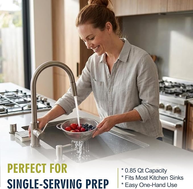 Palksky Small Colander Set of 2, 800 mL / 0.85 Qt Stainless Steel Mini Colanders with Riveted Handles, Footed Base & Micro-Perforations, Berry Wash Bowl for Berries, Fruits, Vegetables & Pasta - Image 2