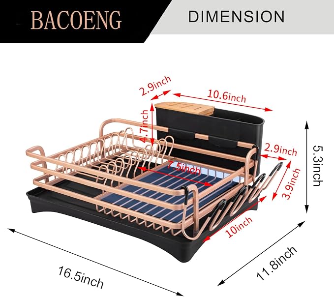 BACOENG Aluminum Dish Drying Rack,Never Rust Dish Rack with Removable Cutlery Holder & Cup Holder, 360° Swivel Spout Drain Board,Gold - Image 4