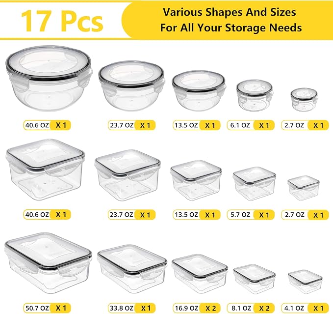 34 PCS Food Storage Containers with Lids Airtight(17 Lids &17 Containers) - Microwave/Dishwasher Safe 100% Leakproof Storage Containers for Meal Prep Kitchen Storage Organization with Labels & Pen - Image 2