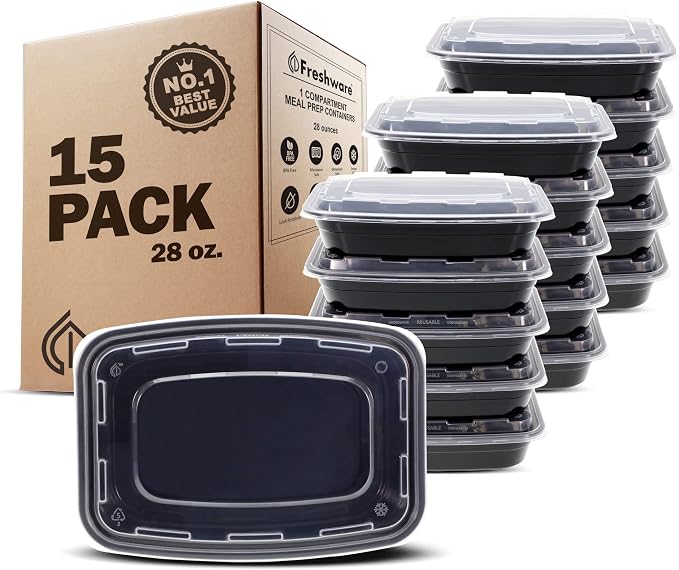 Freshware Meal Prep Containers [15 Pack] 1 Compartment Food Storage Containers with Lids, Bento Box, BPA Free, Stackable, Microwave/Dishwasher/Freezer Safe (28 oz) by Freshware