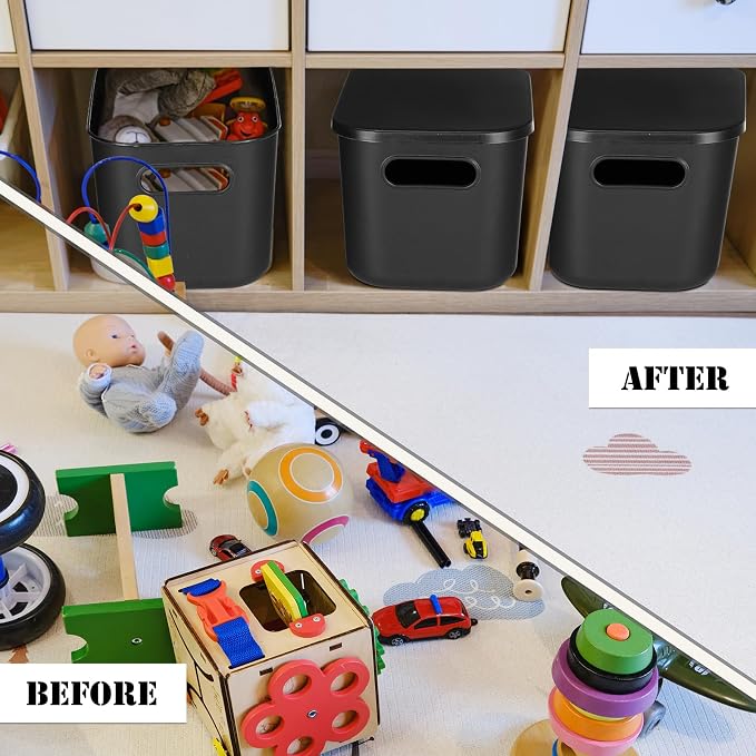 8 Pieces Colorful Storage Bins with Lid, Plastic Storage Basket Organizing Container Stackable Box with Handle for Shelves Desktop Playroom Office(9.8 x 7.1 x 6.3 Inch,Black) - Image 6