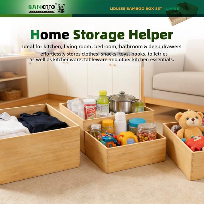 BAMOTTO CRAFTBAMBOO 3-Piece Bamboo Storage Box Set Stackable Organizer | Large 14.6"x10.2"x7.1" + 2x Small 10.2"x7.3"x3" | Open-Top | Deep-Drawer Bin for Kitchen Cutlery Utensils Knives - Image 4