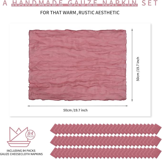 84 Packs Gauze Cheesecloth Napkins 20 x 20 Inch Dusty Rose Wrinkled Dinner Napkins, Dark Pink Rustic Boho Napkins Soft Cotton Cloth Napkins for Wedding Party Event Dinner Table Decoration - Image 2