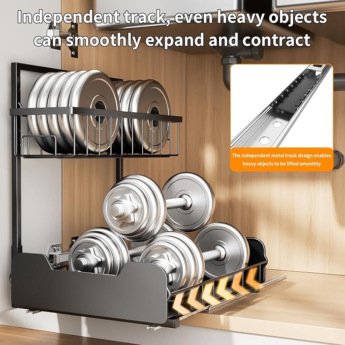 Under Sink Organizer, 2-Tier L-Shaped Pull Out Cabinet Shelf with 2 Installation Methods, Adjustable Sliding Storage Drawer for Kitchen, Bathroom, Laundry, Metal, Black - Image 2