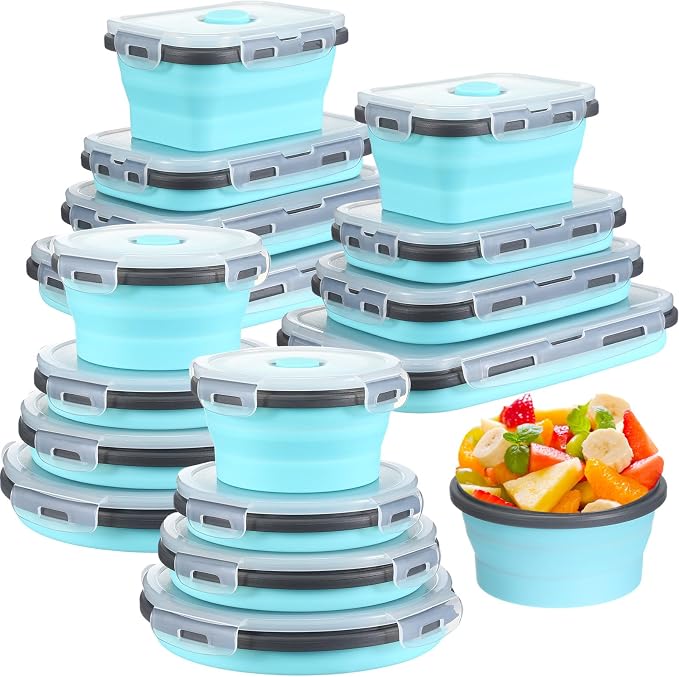 Yaomiao 16 Pack Collapsible Food Storage Containers with Lid Air Vent Foldable 8 Rectangle Storage Bowl and 8 Round Silicone Food Bow for Lunch Camping Rv Accessories Microwave Freezer(Gray, Blue) by Yaomiao