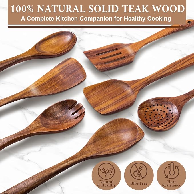 7 Pcs Teak Wooden Utensils Set, Wooden Cooking Utensil | Non-Toxic & Nonstick Safe Kitchen Utensil, Durable Comfort Grip， Heat Resistant Wood Cookware with Hooks - Image 7