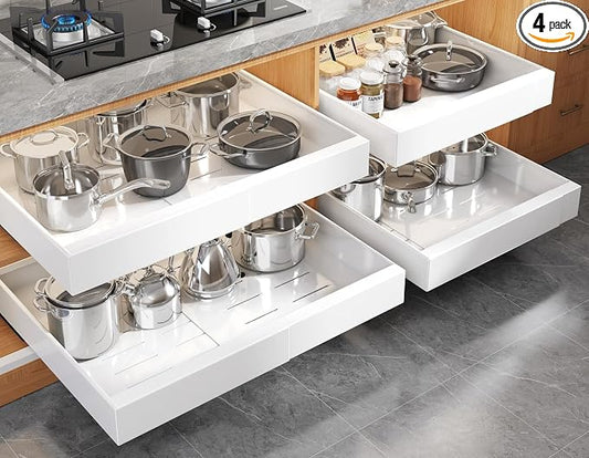 Seinloes 4 Pack Expandable Pull Out Cabinet Organizer 21"Deep With Raising Pad for Framed Cabinets,Upgrade 3 Slide Rails Slide Out Drawers,No Drill Roll Out Shelves,Adjustable Width 15.1"-26.3" White by Seinloes
