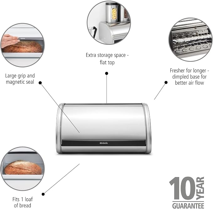Brabantia Roll Top Bread Box | Medium | Matt Steel | Large Metal Front Opening Bread Store for Kitchen Countertop | Partly Flat Top for Extra Storage, Magnet Closing Lid | Fits 1 Loaf - Image 3
