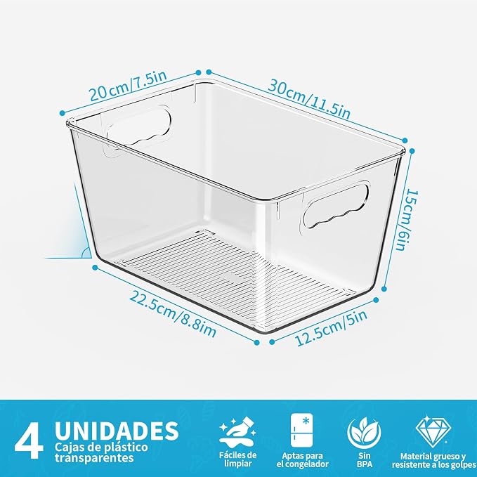 Clear Fridge Organizer Bins with Handles, 4 Pack Large 11.5×7.5×6 Inch | Clear pantry food storage bins with handles, ideal for kitchen, countertops, cabinets, fridge and freezer - Image 3