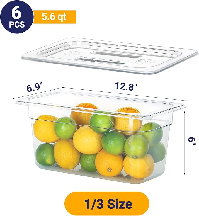 BIEAMA 6 Pack 1/3 Size 6" Deep NSF Polycarbonate Food Pans with Lids | Stackable clear containers for meal prep, buffet, salad bars, commercial & home kitchen; dishwasher safe and freezer safe - Image 2