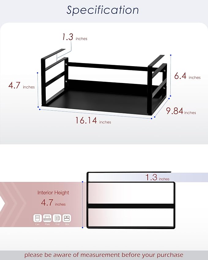 Nxconsu Under Shelf Basket 2 Pack, Cabinet Storage Organizer, 16.1" Black | Solid Metal Bottom Holds Up to 30 lb with No Drilling for Kitchen Cupboard Pantry Bookshelf Closet Laundry and Bath - Image 2
