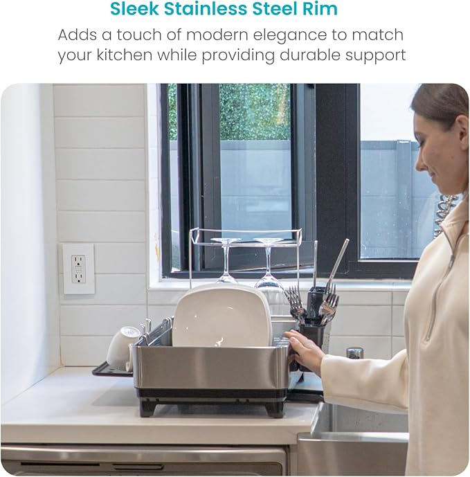 Home Zone Living Dish Drying Rack for Kitchen Counter | Stainless Steel with Drip Tray, Extendable Water Drainage Pipe, and Holders for Utensils, Wine Glasses and Cutting Board - Image 7