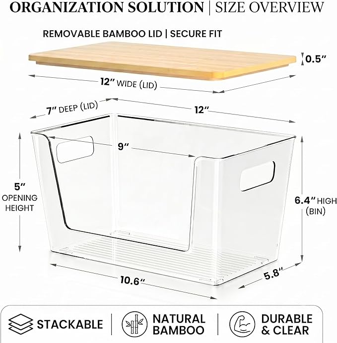 CiWiVOKi 6 Pack Clear Stackable Storage Bins with Bamboo Lids, Trash Bag Holder Dispenser Under Sink Organizer for 4-13 Gal Bags, Plastic Storage Containers for Pantry Bathroom Kitchen Organization - Image 2