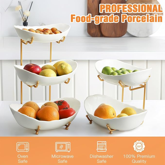 2 Tier Fruit Bowl, Ceramic Fruit Basket for Kitchen Counter | Fruit Holder for Kitchen, with Metal Stand, No Installation Required, Save Space, Easy to Clean, Modern, Gold&White, Small - Image 2