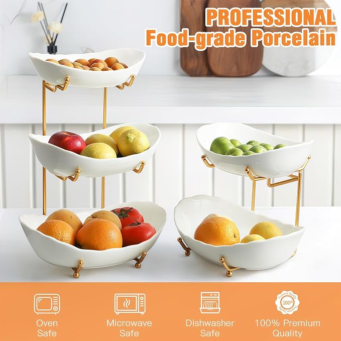 2 Tier Fruit Bowl, Ceramic Fruit Basket for Kitchen Counter | Fruit Holder for Kitchen, with Metal Stand, No Installation Required, Save Space, Easy to Clean, Modern, Gold&White, Small - Image 2