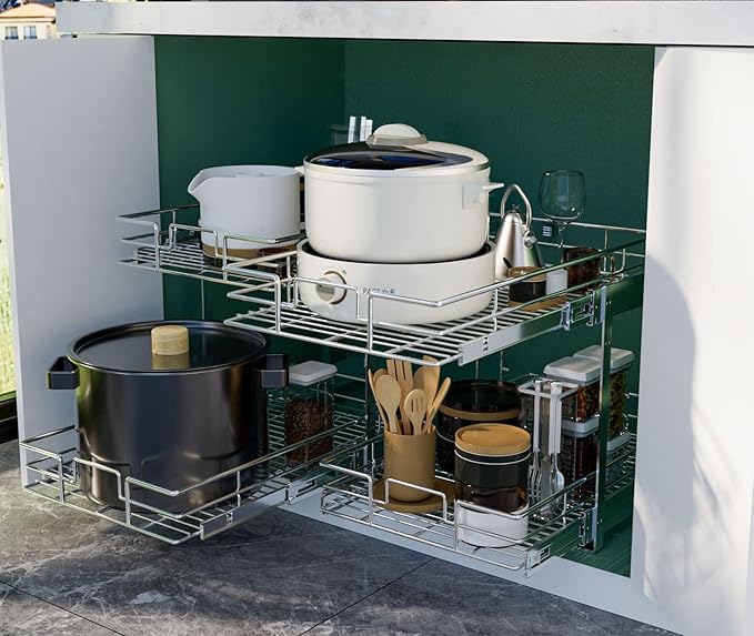 LOVMOR 2 Tier Individual Pull Out Cabinet Organizer 14" W x 21" D, Slide Out Kitchen Cabinet Storage Sliding Shelves - Image 6