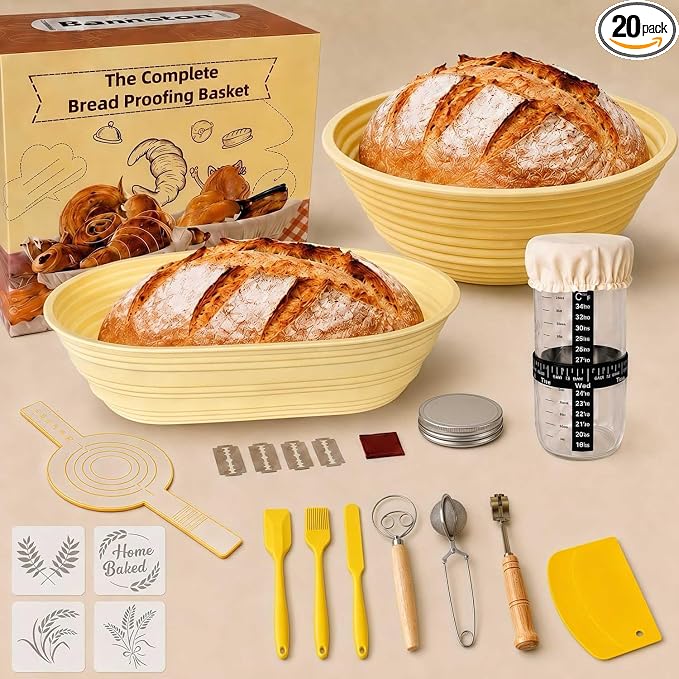 Sourdough Starter Kit, 20PCS Bread Baking Supplies with Banneton Basket | 9 in Round & 10 in Oval Silicone Proofing Bowls, Feeding Jar, Bread Sling, Scrapers, Lame Blades, Stencils by TvwiKo