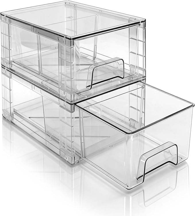 Small Stackable Clear Acrylic Storage Drawers(2 Pack) with Handles,Plastic Organizer Bins for Fridge Bathroom Kitchen Cabinet Pantry Coffee bar Undersink Office Closet Storage Bins by XWYWX