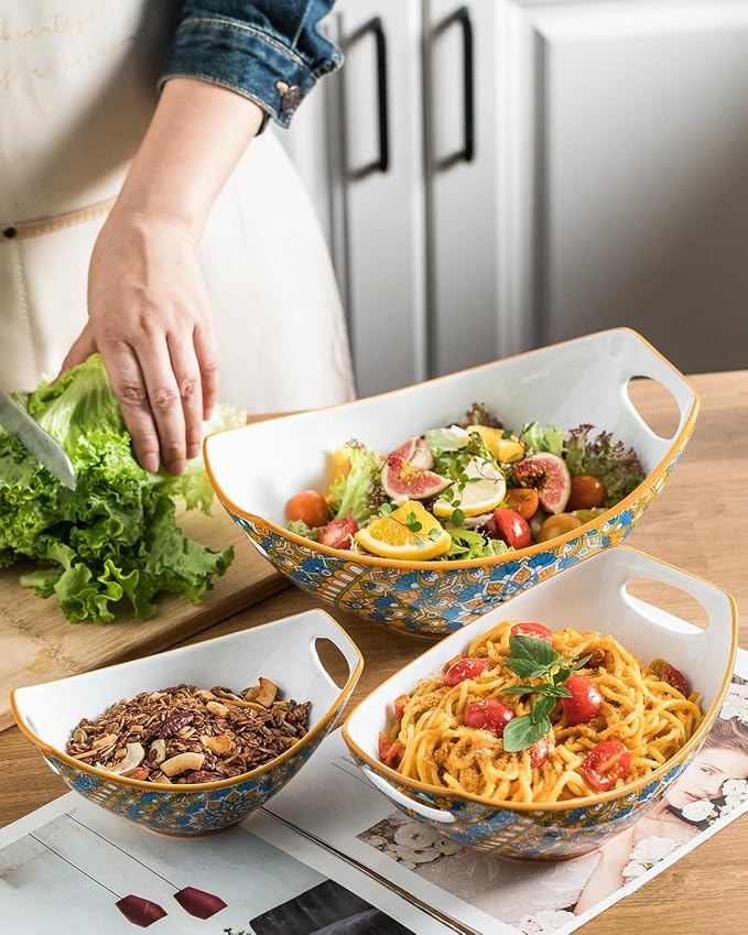 LAUCHUH Serving Bowls with Handles, Bohemian Porcelain Serving Dishes | Mixing Bowls for Entertaining Colorful Nesting Bowls Salad Bowls for Kitchen, Thanksgiving, Set of 3, 15/28/49 oz, Blue & Red - Image 4