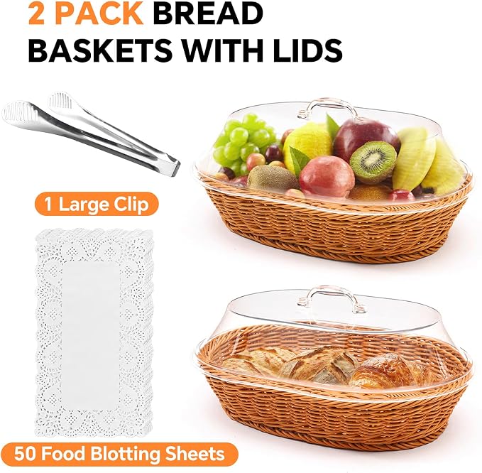 Rattan Bread Baskets, 2 Pack, Oval Woven Baskets with Acrylic Lids, 15.75 x 11.81 inches, Stainless Steel Tongs, Lace Doilies, for Bread, Fruit, Food Display - Image 3
