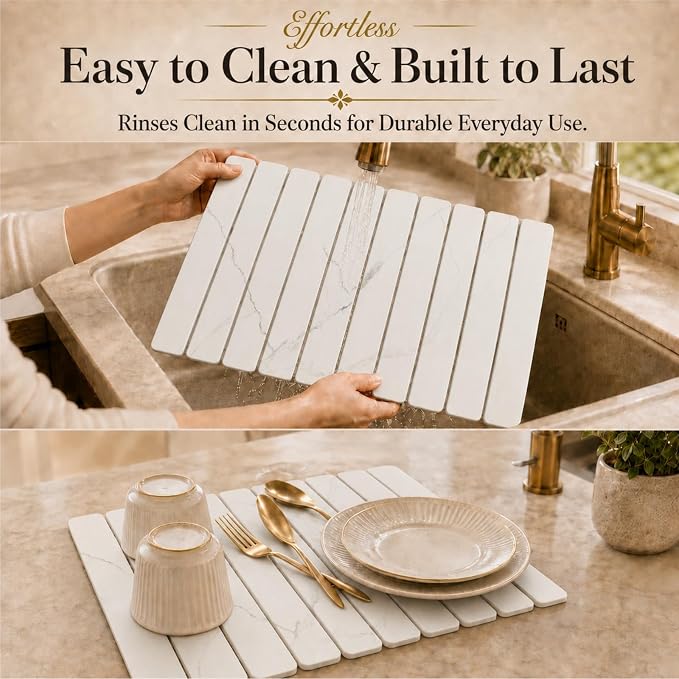 2 PCS Large Stone Dish Drying Mat for Kitchen Counter, 24" x 16" Diatomaceous Earth Dish Mat with 8" x 4" Coaster, Quick Dry Foldable Absorbent Mat for Dishes, Cups, Bottles (White) - Image 6