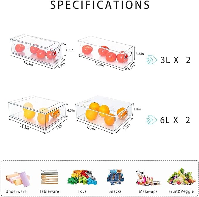4 pack Stackable Refrigerator Organizer Bins Pull-Out Drawers for Fruit and Veggies Storage Organizer for Fridge Clear Drawer Containers with Handle Divided Organization for Produce Saver - Image 3
