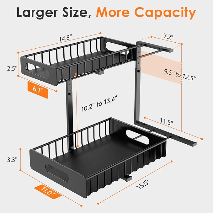 HBL' 2-Pack Large Metal Under Sink Organizer, 2-Tier Slide-Out Under the Kitchen Sink Organizer and Storage,Height Adjustable Under Sink Storage Shelves for Bathroom. - Image 2