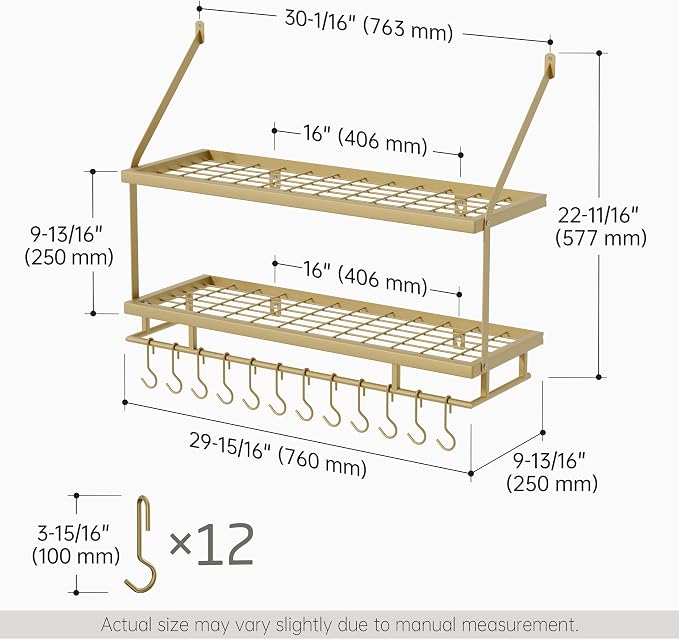KES 30-Inch Gold Pot Rack Wall Mount, 2-Tier Hanging Pot and Pan Organizer | Organizer with 12 Sturdy Hooks, Elegant Modern Kitchen Wall Hanger Shelves, KUR215S75B-GD - Image 6