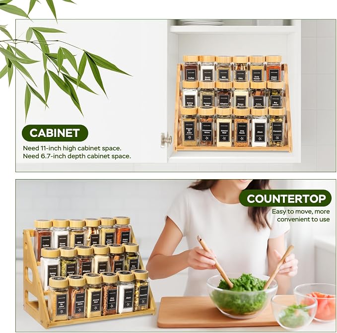 Spice Rack, Tiered Spice Rack Organization for Cabinet Holds 18 Spice Jars | 3 Tier Bamboo Display Spice Shelf for Countertop - Image 6