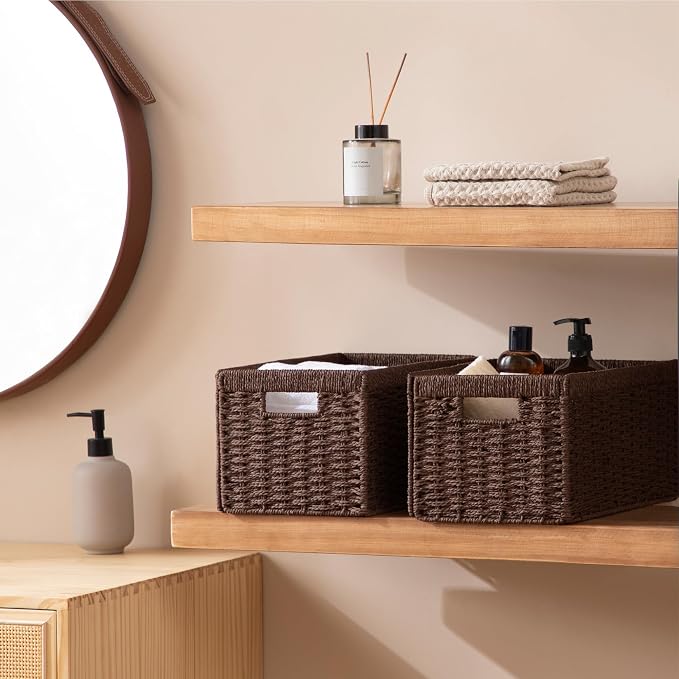 joybest Dark Brown Wicker Baskets for Shelves, Hand-woven Storage Baskets | 13.4L x 8.3W x 7.1H inch for Pantry, Kichen Organizing, Foldable Rectangular Bin with Handles, 2-pack - Image 7