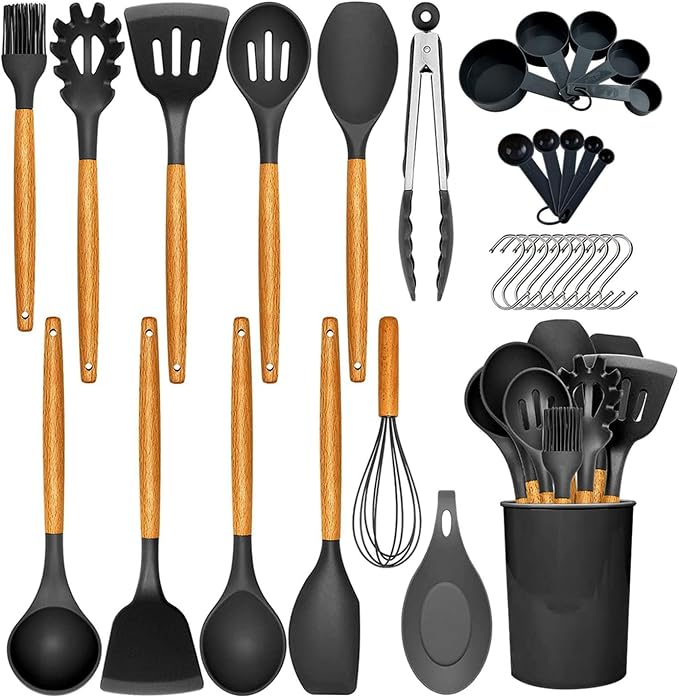 33-Piece Silicone Kitchen Utensils Set - Cookware Kit with Slotted Turner, Spoons, Ladle, Spatula, Measuring Cups & Spoons, Basting Brush, Egg Whisk, Tongs - Nonstick Cooking Accessories by Unknown