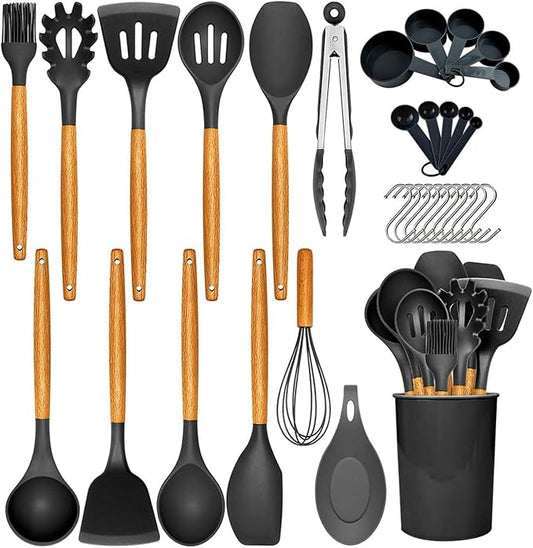33-Piece Silicone Kitchen Utensils Set - Cookware Kit with Slotted Turner, Spoons, Ladle, Spatula, Measuring Cups & Spoons, Basting Brush, Egg Whisk, Tongs - Nonstick Cooking Accessories by Unknown